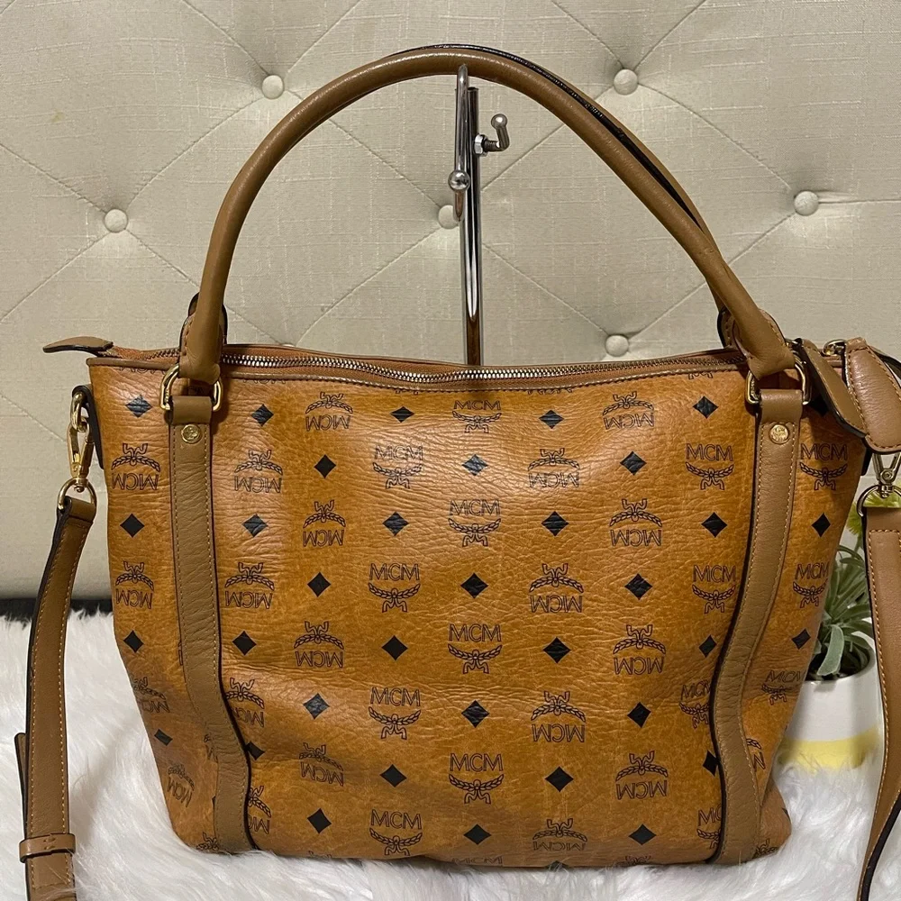 MCM Cognac/Black Visetos Logo Tote Shoulder Bag